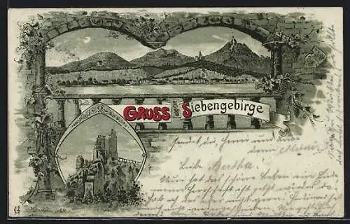 Mondschein-Lithographie Königswinter, Panorama mit Bergen, Burgruine