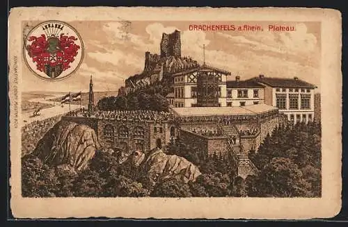 Künstler-AK Drachenfels /Rh., Plateau, Gasthaus mit Burgruine und Rheinblick, Wappen