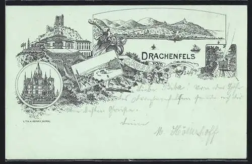 Lithographie Königswinter, Gasthaus Drachenfels, Eisenbahn und Schloss