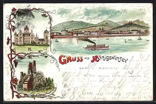 Lithographie Königswinter, Panorama mit Rheindampfer, Burgruine