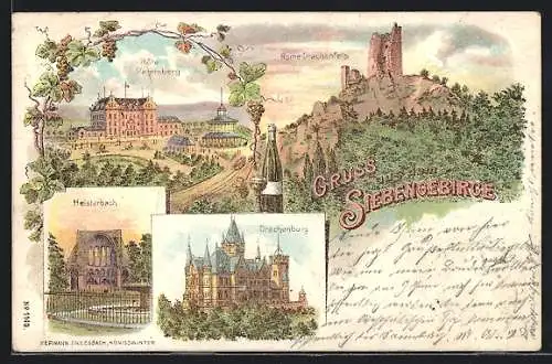 Lithographie Königswinter /Siebengebirge, Hôtel Petersberg, Drachenburg, Ruine Drachenfels