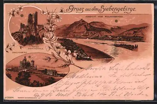 Lithographie Drachenfels /Siebengebirge, Ruine Drachenfels, Drachenburg, Aussicht vom Rolandsbogen