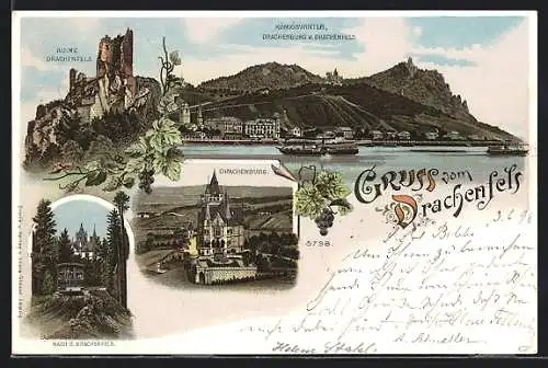 Lithographie Königswinter, Zahnradbahn zum Drachenfels und Drachenburg