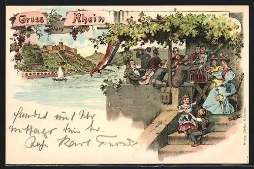 Lithographie Drachenfels, Ortsansicht mit Rhein und Gasthaus-Terrasse