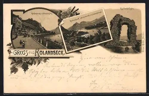 Lithographie Rolandseck, Promenade u. d. Drachenfels, Nonnenwerth u. d. Siebengebirge, Rolandsbogen