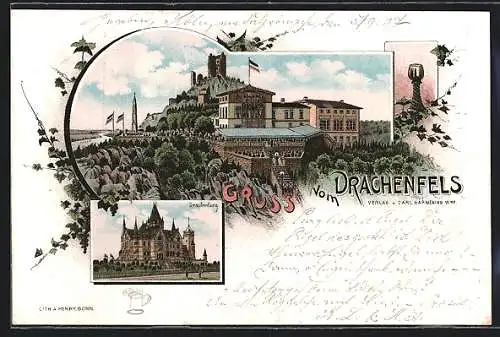 Lithographie Drachenfels, Gasthaus und Burgruine Drachenburg