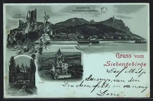 Mondschein-Lithographie Königswinter, Drachenburg und Drachenfels, Zahnradbahn