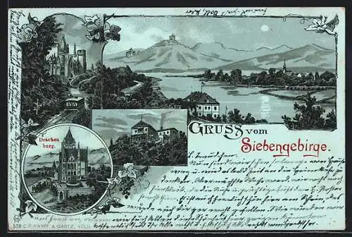 Mondschein-Lithographie Drachenfels, Panorama mit Siebengebirge, Drachenburg