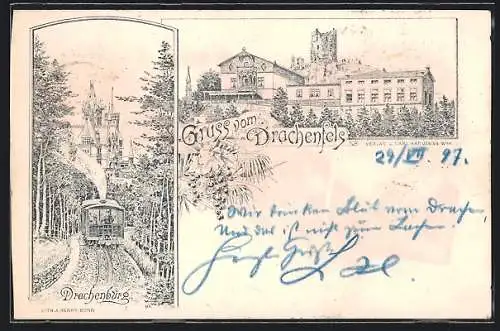 Lithographie Drachenfels, Hotel auf dem Drachenfels C. Harmening Wwe. mit Ruine, Drachenburg mit Bahn