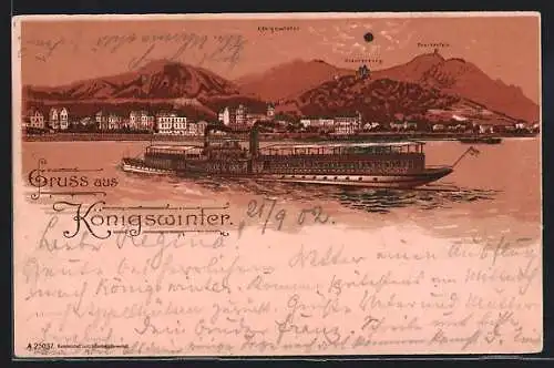 Lithographie Königswinter, Panorama mit Drachenburg und Rheindampfer