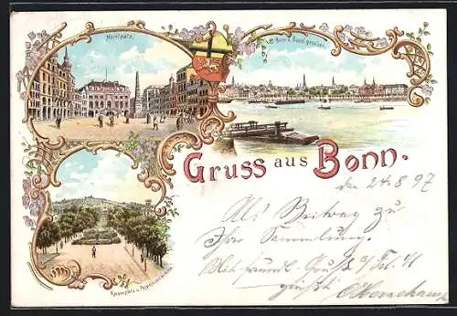 Lithographie Bonn, Marktplatz, Kaiserplatz, Pappelsdorfer Allee