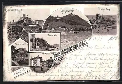 Lithographie Rolandseck, Ruine Drachenfels, Drachenburg, Petersberg, Chorruine Heisterbach