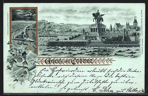 Mondschein-Lithographie Coblenz, Ortsansicht mit Denkmal Wilhelm I., Lyra und Trauben