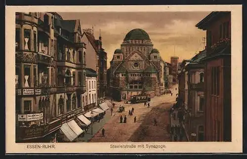 AK Essen-Ruhr, Steeler Strasse mit Synagoge und Strassenbahn