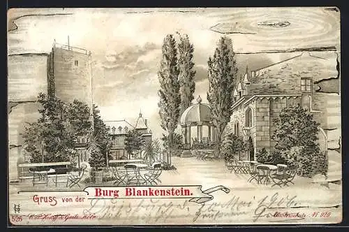 Lithographie Hattingen / Ruhr, Burg Blankenstein, Gasthaus und Garten