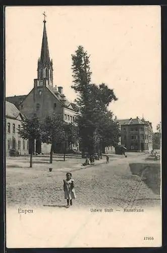 AK Eupen, Haasstrasse mit Kirche in der unteren Stadt
