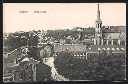 AK Eupen, Strassenpartie mit Kirche in der Unterstadt