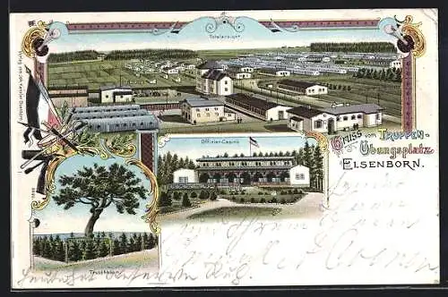 Lithographie Elsenborn, Truppenübungsplatz mit Baracken, Casino und Truschbaum