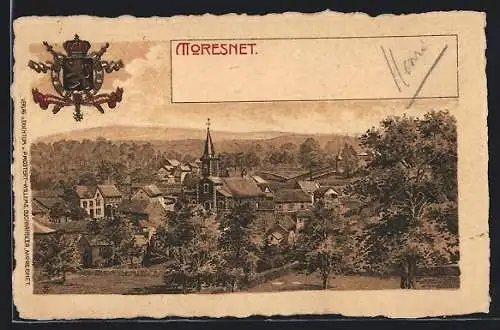 Lithographie Moresnet, Panorama mit Kirche