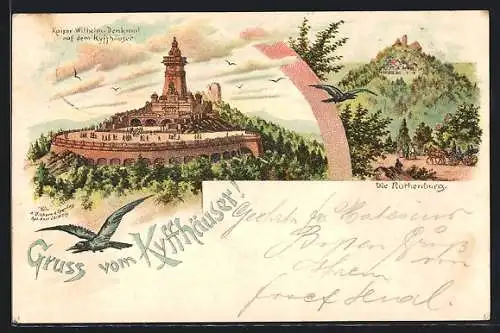 Lithographie Kyffhäuser, Ansicht des Kaise Wilhelm Denkmal, Blick auf die Rothenburg