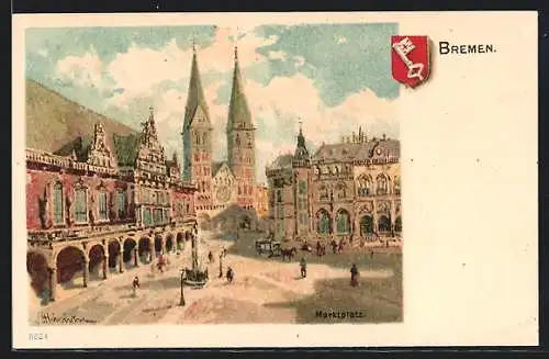 Künstler-Lithographie Karl Heinisch: Bremen, Partie am Marktplatz m. Stadtwappen