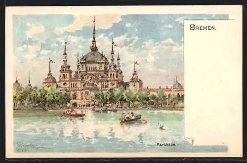 Lithographie Bremen, Café Parkhaus, Seepartie mit Ruderbooten