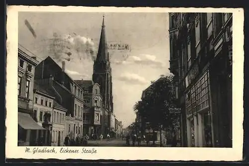 AK Mönchengladbach, Eickener Strasse mit Geschäften und Blick zur Kirche
