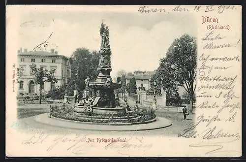 AK Düren, Strassenpartie mit Kriegerdenkmal