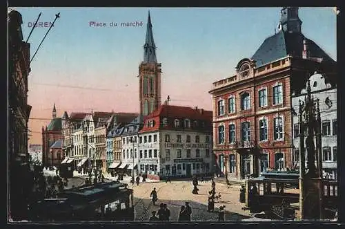 AK Düren, Ansicht am Marktplatz mit Restaurant Zum Ratskeller und Strassenbahnen