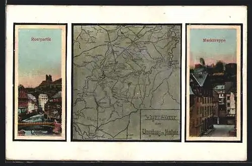 AK Montjoie, Roerpartie, Markttreppe, Landkarte mit Truppenübungsplatz, Berg und Bahnhof