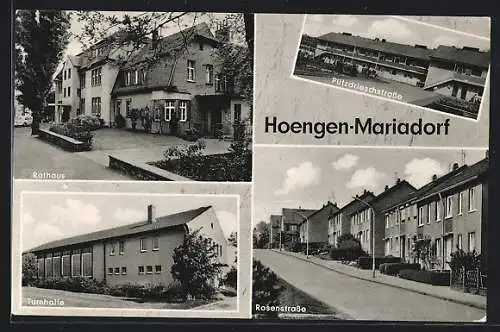 AK Hoengen-Mariadorf, Pützdrieschstrasse, Rosenstrasse, Rathaus, Turnhalle