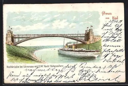 Lithographie Kiel, Hochbrücke bei Levensau mit S. M. Yacht Hohenzollern