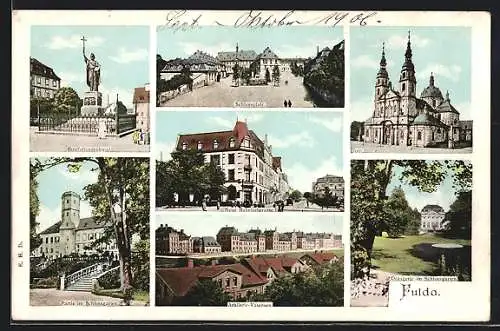 AK Fulda, Schlossplatz, Bonifatiusdenkmal, Artillerie-Kasernen