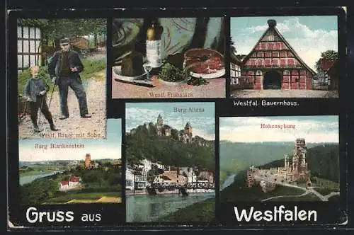 AK Altena /Westfalen, Bauer mit Sohn, Westf. Frühstück, Burg Blankenstein, Hohensyburg