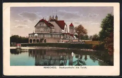 AK Remscheid, Stadtparkhalle mit Teich