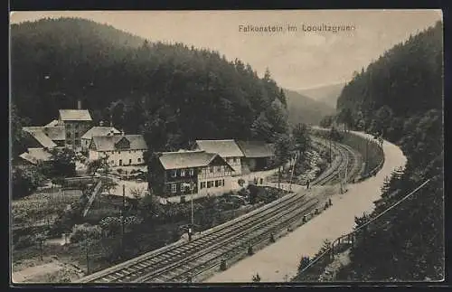 AK Falkenstein / Loquitzgrund, Ortspartie mit Bahngleis