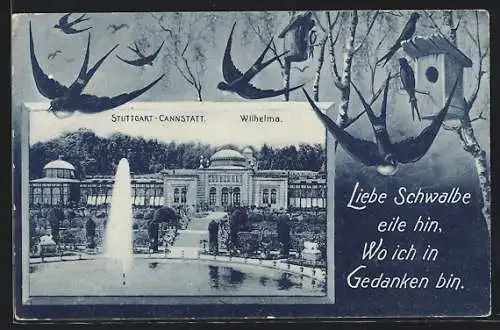 AK Stuttgart-Cannstatt, Wilhelma mit Fontäne, Schwalben am Vogelhaus