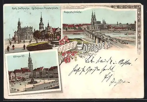 Lithographie Dresden, Augustusbrücke, Altmarkt, Kath. Hofkirche, kgl. Schloss & Theaterplatz
