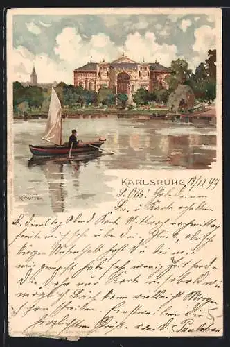 Künstler-AK K. Mutter: Karlsruhe, Mann in einem kleinen Boot auf dem See