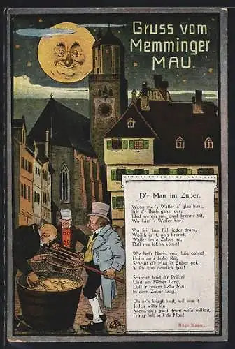 AK Memmingen, Memminger Mau, Männer mit Kächer an einem Trog, Mond spiegelt sich