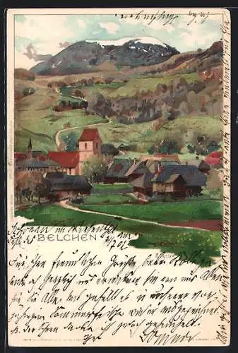 Künstler-Lithographie Karl Mutter: Belchen, Blick nach dem Ort