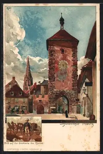 Künstler-AK Heinrich Kley: Freiburg, Schwabenthor, Pferdewagen mit Fässern
