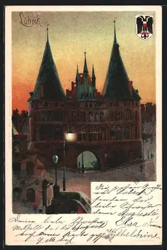 Künstler-Lithographie Heinrich Kley: Lübeck, Holstentor im Abendrot