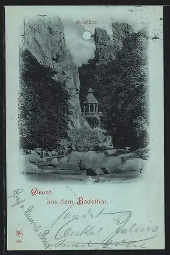 Mondschein-AK Thale, Bodethor mit Turm