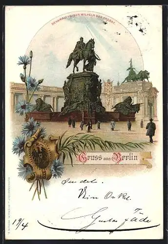 Lithographie Berlin, Partie am Denkmal Kaiser Wilhelm des Grossen