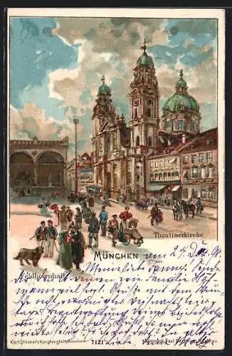 Lithographie München, Blick auf Theatinerkirche mit Feldherrnhalle
