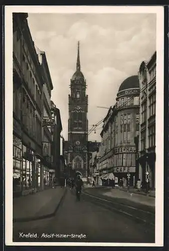 AK Krefeld, Strasse mit Blick zur Kirche