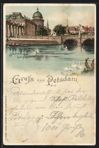 Lithographie Potsdam, Stadtschloss und Langebrücke bei Tag und bei Nacht (rückseitig)