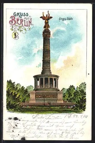 Lithographie Berlin-Tiergarten, Siege-Säule mit Wappen