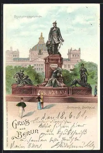 Lithographie Berlin-Tiergarten, Reichstagsgebäude & Bismarckdenkmal